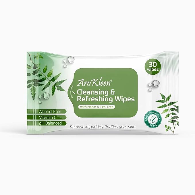 AROKLEEN Natural Daily Cleansing & Refreshing Facial Wet Wipes - Neem & Tea Tree